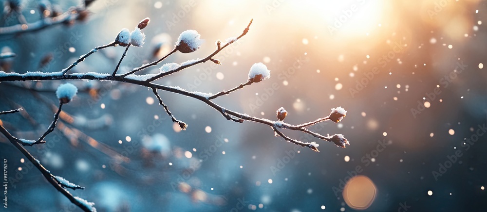 Fototapete first snow of the season on a branch at dawn. with copy space image. place for adding text or design