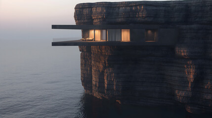 Naklejka premium Dom na klifie zaprojektowany przez Black Card, położony w klifie oceanicznym