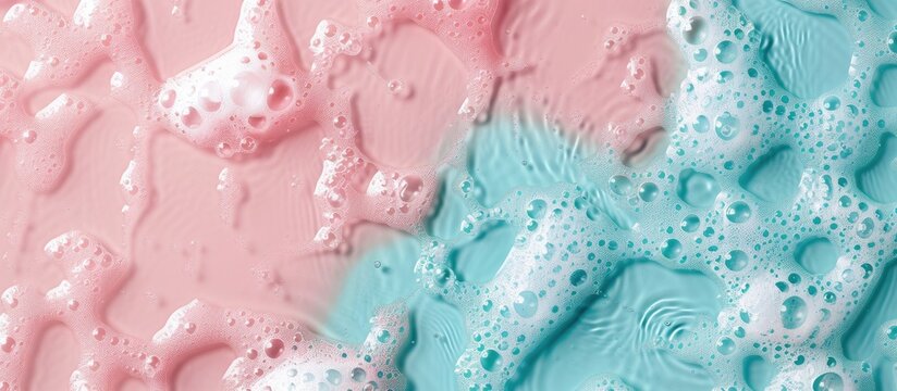 Pink soap with foam on a blue background that offers space for your text. with copy space image. Place for adding text or design