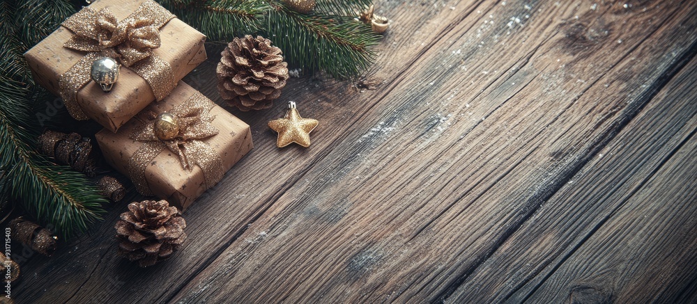 Poster vintage christmas xmas decoration on a wooden background. with copy space image. place for adding te