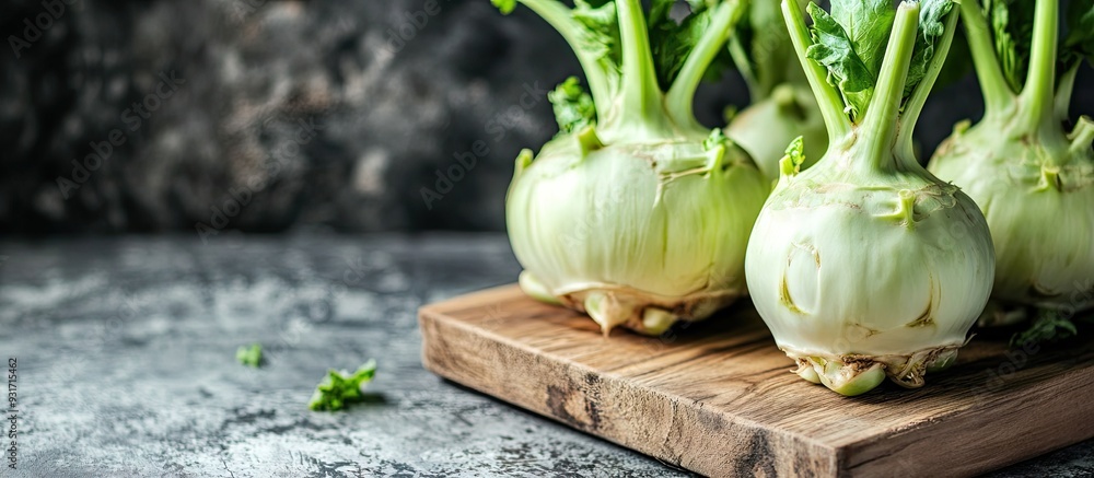 Aufkleber image of kohlrabi heads on a wooden board with white space. with copy space image. place for adding 