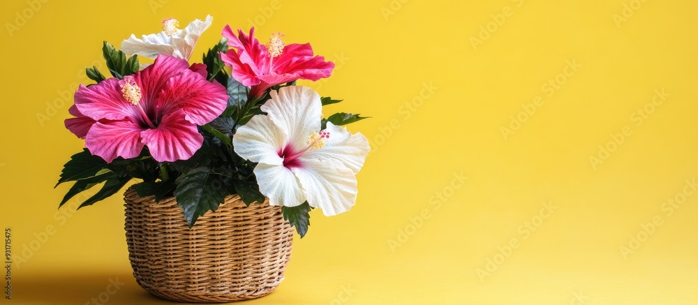 Aufkleber White and pink hibiscus flowers in a wicker container set against a yellow backdrop with text space. with copy space image. Place for adding text or design