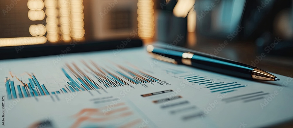 Poster close up of a financial chart and a pen on the desk. with copy space image. place for adding text or