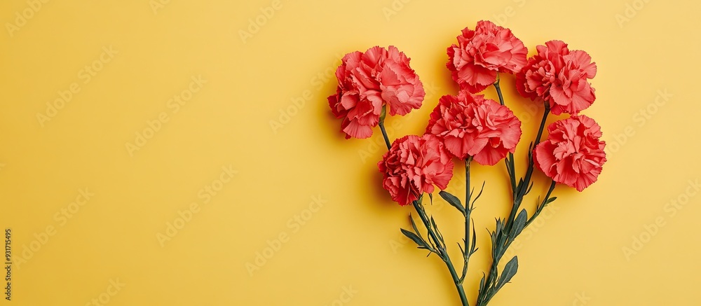 Aufkleber Paper heart with carnation flowers set against a yellow background National Sweetest Day. with copy space image. Place for adding text or design