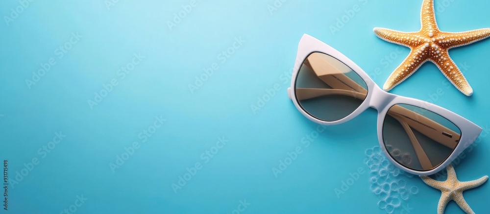 Poster summer backdrop sunglasses with starfish on a blue surface. with copy space image. Place for adding text or design