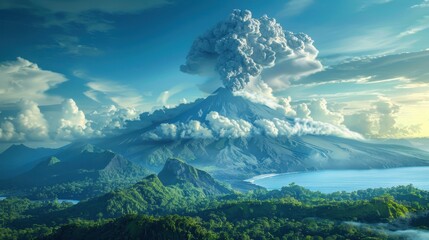 Obraz premium A Volcano Erupting With A Large Plume Of Smoke Over Lush Green Mountains