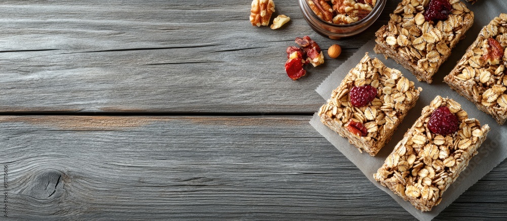 Aufkleber delicious granola bars and ingredients arranged on a grey wooden table viewed from above room for te