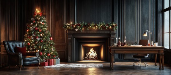 Obraz premium wooden desk Christmas tree and fireplace with a Christmas tree. with copy space image. Place for adding text or design