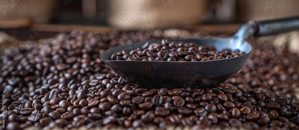 Leinwandbilder Close up of coffee beans beside a scoop for filling. with copy space image. Place for adding text or design