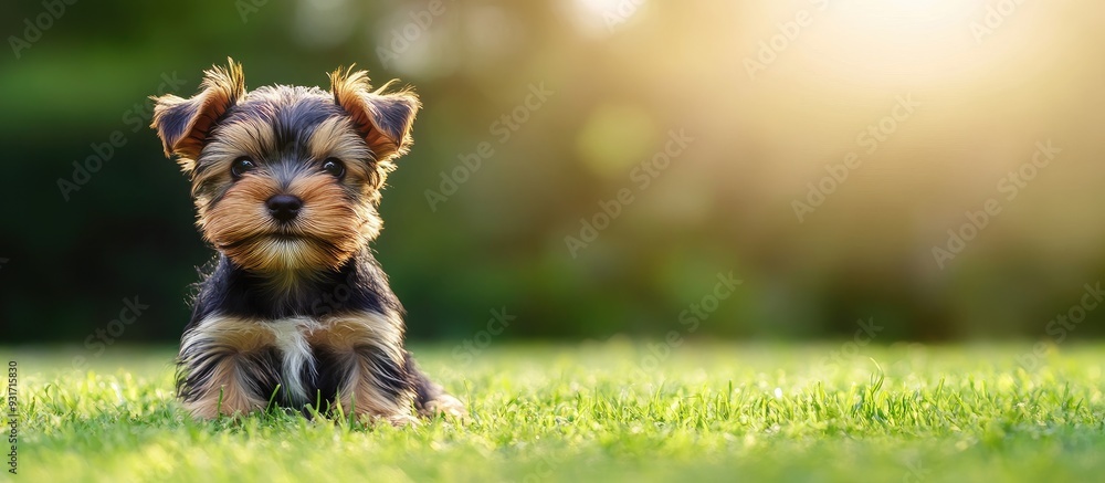 Poster a yorkshire terrier puppy sits on green grass playful and funny puppy domestic pets. with copy space