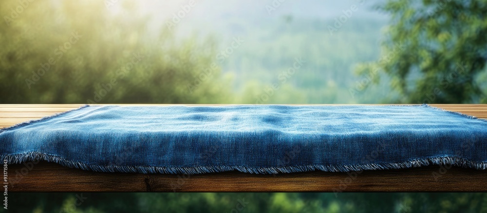 Poster a blue tablecloth or towel placed on a brown wooden table. with copy space image. place for adding t
