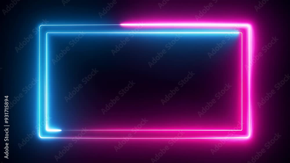 Poster rectangular frame with neon glowing borders in pink and blue on dark background