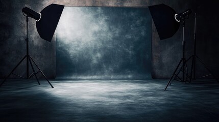 Gray studio backdrop with soft floor texture and spotlight, perfect for creating a neutral and refined visual setting.