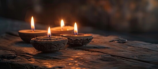 Buddhism Utilizing candles Yantra and the mantra in Sanskrit Om tare tuttare ture svoha which translates to thank Green Tara on a dark wooden background from a top view with copy space