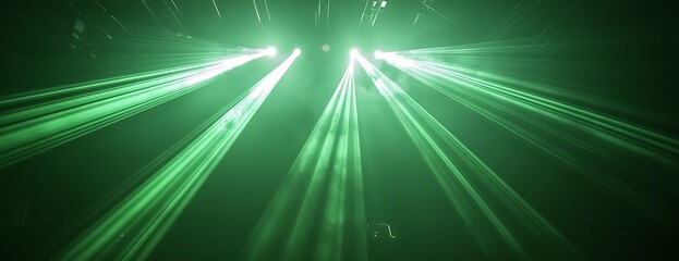 Naklejka premium Abstract green light beams with lens flare effect in dark background.