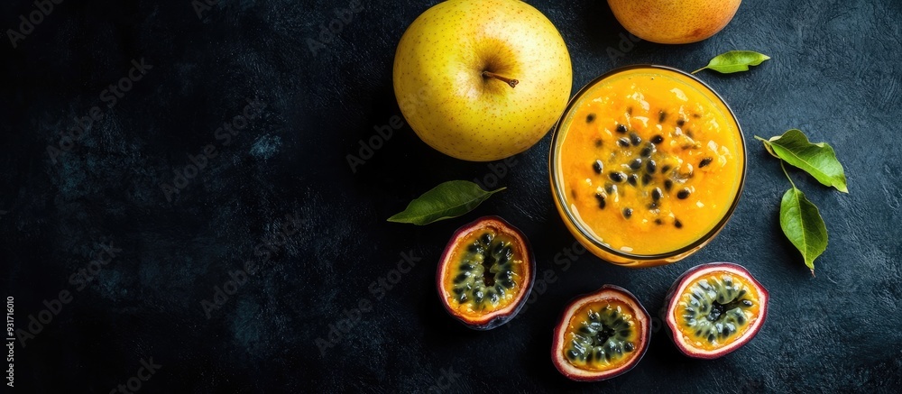 Aufkleber a glass of fresh fruit juice with seeds on a black background alongside a ripe yellow apple and chun