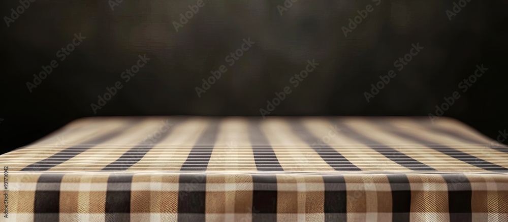 Poster A wooden table with a checkered tablecloth. with copy space image. Place for adding text or design