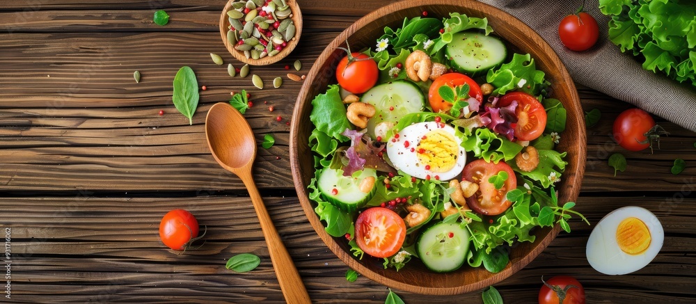 Aufkleber fresh salad featuring tomatoes green leaves cucumber quail eggs and seeds accompanied by a salad spo