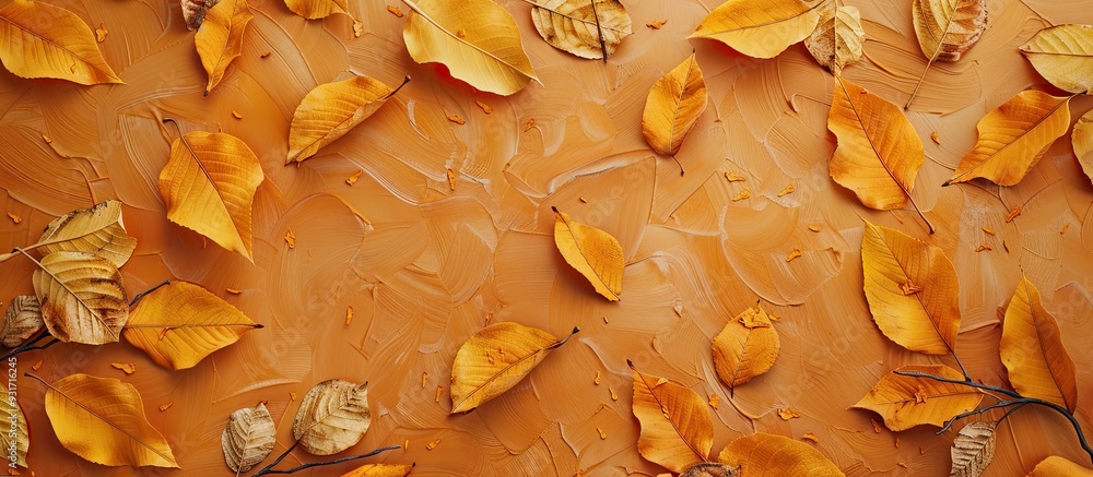 Poster Autumn flat lay arrangement featuring a postcard mockup and dried leaves against a vibrant orange background Creative concepts for autumn Thanksgiving fall and Halloween Top view copy space