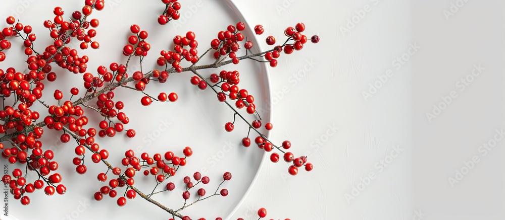 Poster Plate featuring fresh viburnum berries on a white background. with copy space image. Place for adding text or design