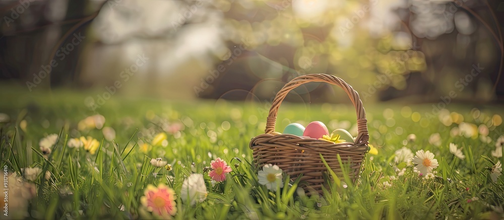 Fototapete Happy Easter day Easter eggs in a grass field with a green golden bokeh background featuring selective focus and a toned image. with copy space image. Place for adding text or design