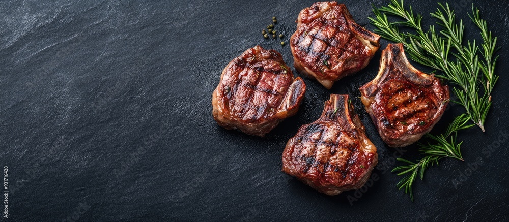 Poster Homemade Grilled Organic Lamb Chops with Rosemary and Fragrant Herbs. with copy space image. Place for adding text or design