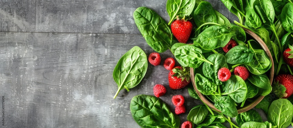 Aufkleber Top view of fresh fruits and spinach leaves on a white wooden background with copyspace featuring a fresh summer inscription