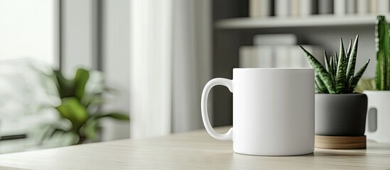 White mug mockup for showcasing sublimation designs featuring a cup with copyspace on the front in a lifestyle environment