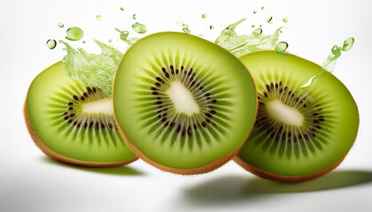 Fototapeta premium Tangy kiwi slices flying on a white background, emphasizing their bright green color and unique texture
