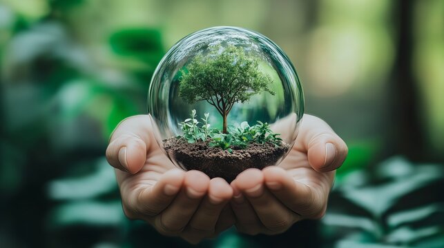 Hands Holding a Glass Globe with a Tree Inside