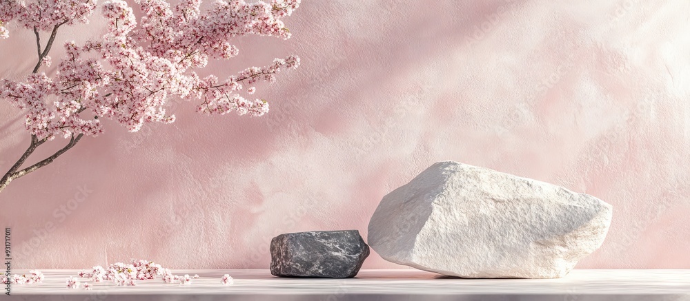 Poster Wide banner featuring a stone display for presentation Minimalist branding setting with vibrant cherry blossoms and pastel colors. with copy space image. Place for adding text or design