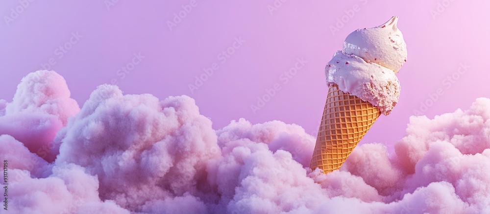 Aufkleber creative concept featuring an ice cream cone and soft clouds against a purple background. with copy 