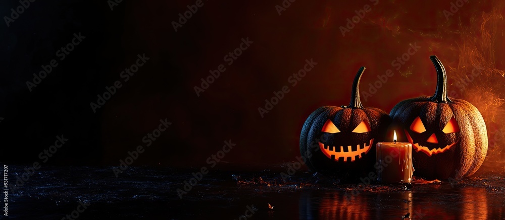 Poster halloween pumpkins featuring frightening faces and a lit candle. with copy space image. place for ad
