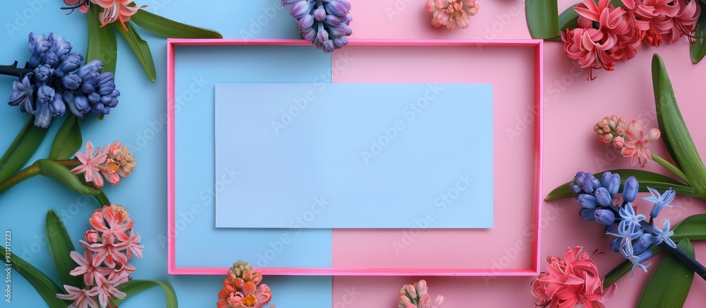 Aufkleber arrangement featuring a paper frame plant branches and hyacinth flowers against a colored background
