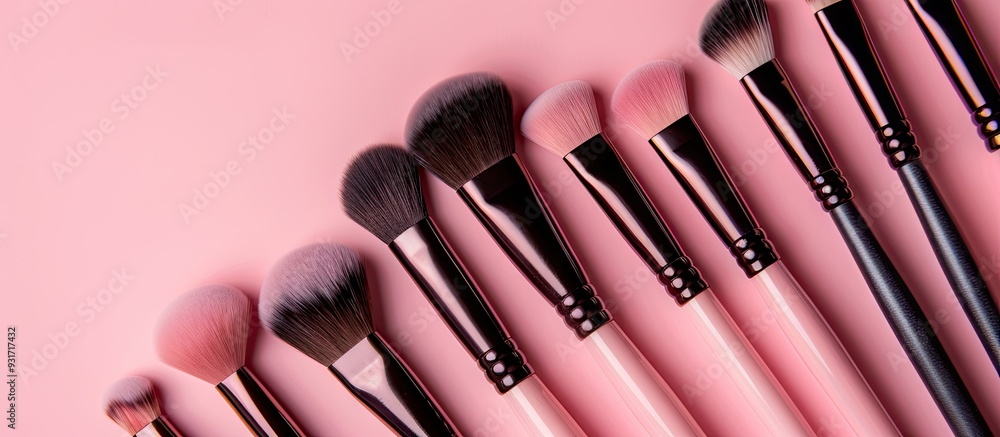 Poster makeup brushes on a pink background. with copy space image. place for adding text or design