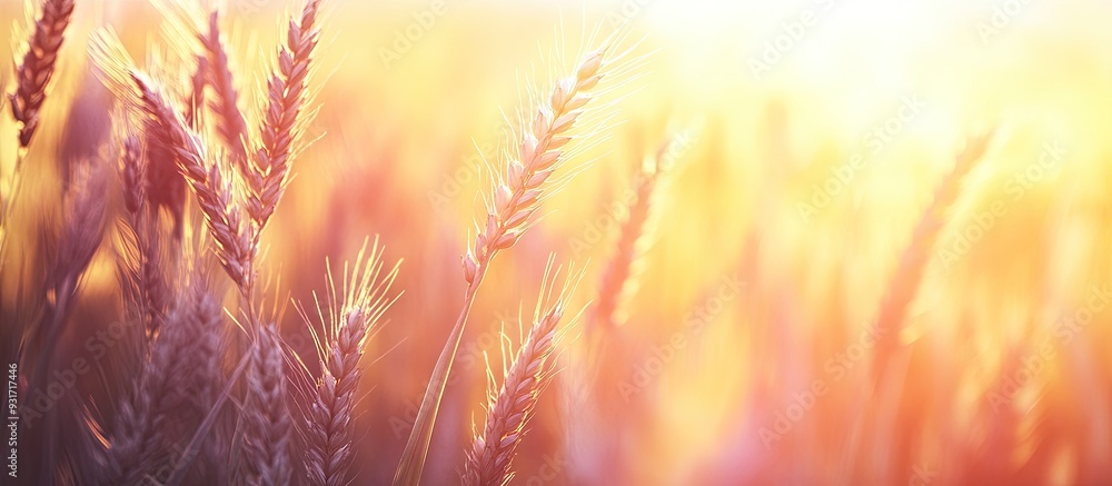 Aufkleber wheat field at sunset with a blurred vintage background in pastel tones. with copy space image. plac