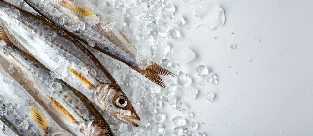 Poster deep frozen raw smelt fish are surrounded by ice pieces against a white background top view copy spa