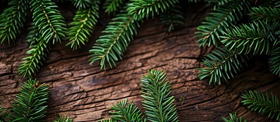 Fir tree branches on a wooden surface Christmas theme. with copy space image. Place for adding text or design