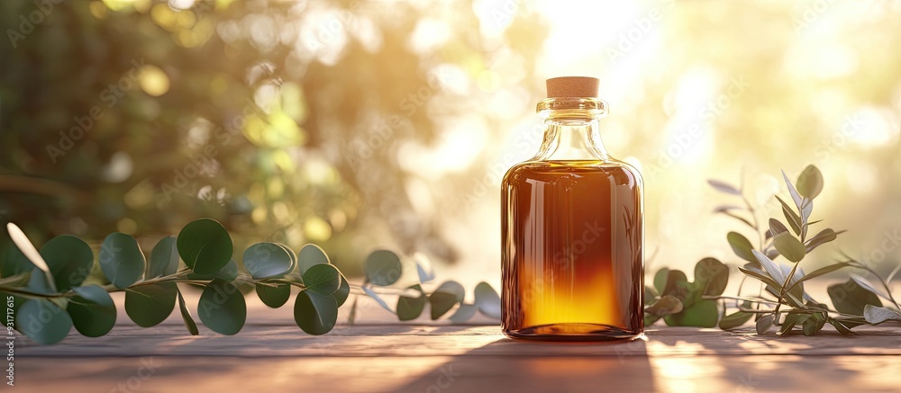 Leinwandbilder Bottle of eucalyptus essential oil with a blurred background close up and room for text. with copy space image. Place for adding text or design