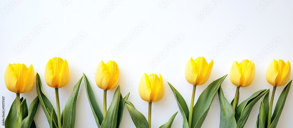 Poster beautiful arrangement of yellow tulips on a white background flat lay top view with copyspace for yo