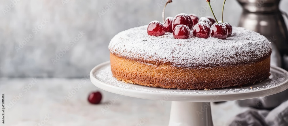Aufkleber round cherry almond cake sprinkled with powdered sugar on a cake stand viewed from the front on a li