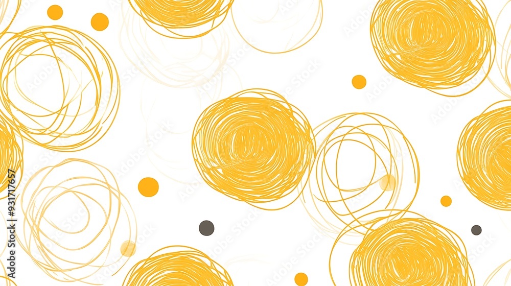Poster abstract seamless pattern with yellow circles and dots on a white background.