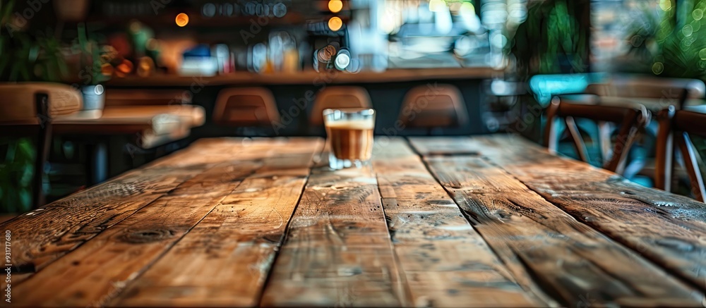 Poster Chosen focus on an empty brown wooden table with a blurred background of a coffee shop featuring a bokeh effect intended for product display montage. with copy space image