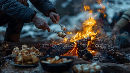 raveller cooking marshmallows in the bonfire in summer camp	
