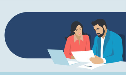 Office workers sit at the table and talk about work. Two busy middle aged professional man and woman business leaders partners checking document financial report talking working together on laptop com