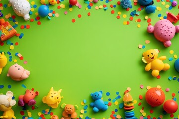 Fototapeta premium Colorful Toys and Confetti Surrounding a Green Background