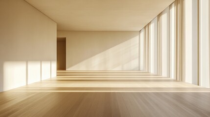 Fototapeta premium Light-filled room with beige oak floors and soft walls, emphasizing free space and simplicity for background design.