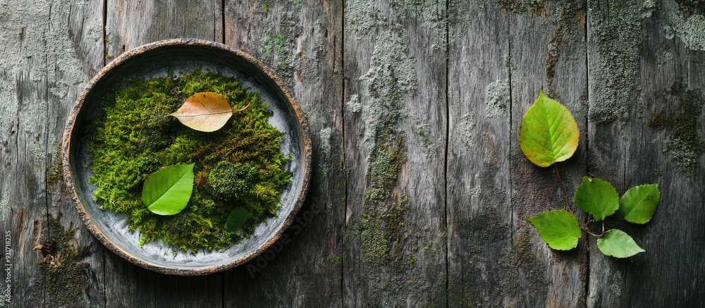 Poster plate featuring leaves and moss on a wooden surface. with copy space image. Place for adding text or design