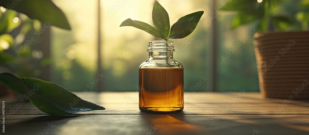 Aufkleber Tea tree essential oil in a small bottle Focused on the details Nature. with copy space image. Place for adding text or design