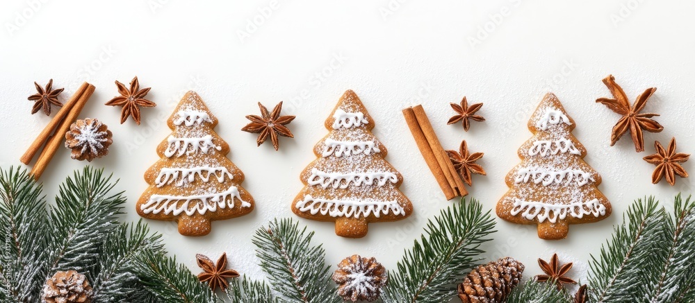 Poster traditional gingerbread and honey cookies in the shape of christmas trees surrounded by fir tree bra
